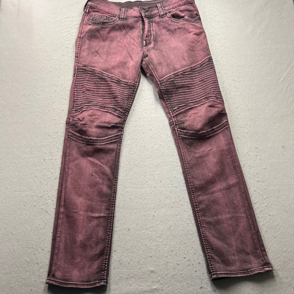 True Religion Moto Jeans Mens 32 Burgundy Black Washed Biker Slim Denim 1463
